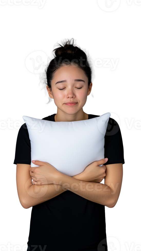 Woman hugging a white pillow with sad expression on a transparent background png