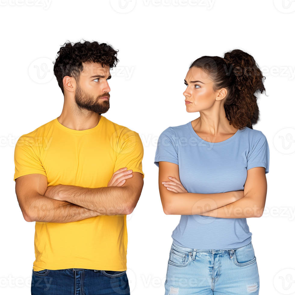 Young couple facing each other with crossed arms on a transparent background png