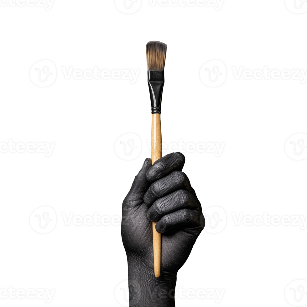 Gloved hand holding a small paintbrush with soft bristles on a transparent background png