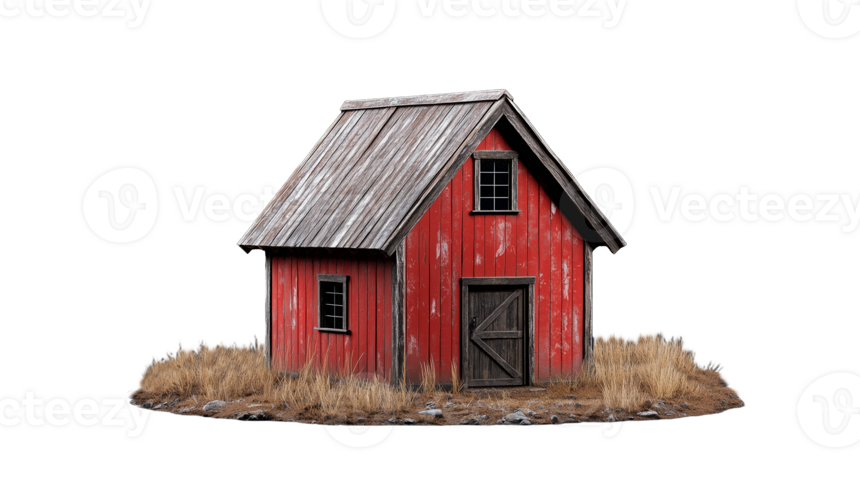 Small red wooden barn model with rustic details on a transparent background png