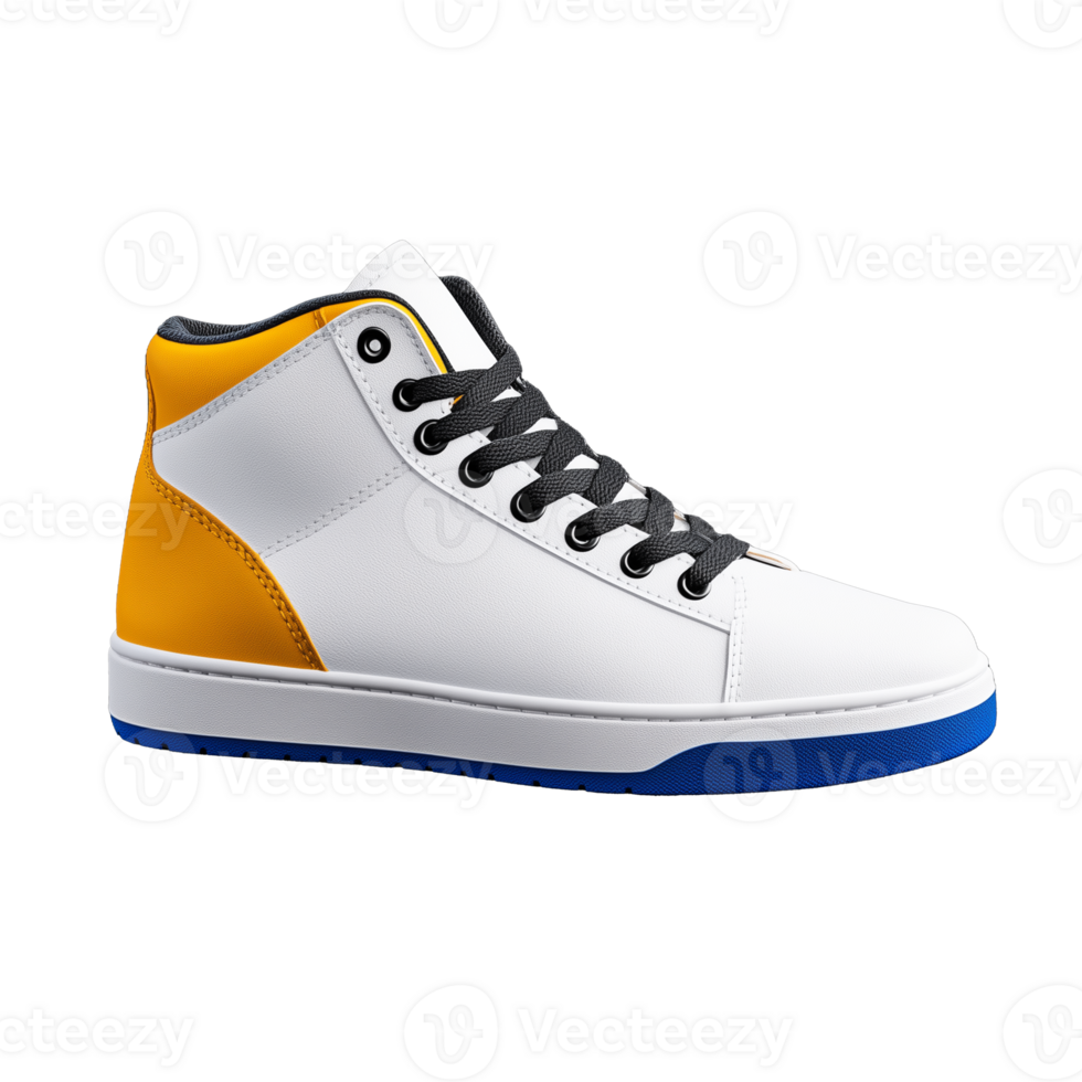 Stylish white and yellow high top sneaker with blue sole on a transparent background png