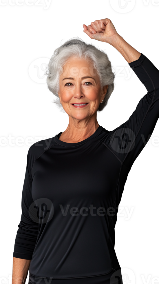 Confident elderly woman with raised fist, wearing a black top on a transparent background png