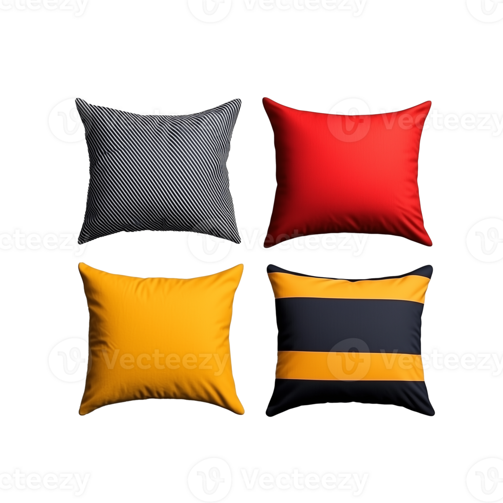 Set of four colorful pillows in red, yellow, black, and striped patterns on a transparent background png
