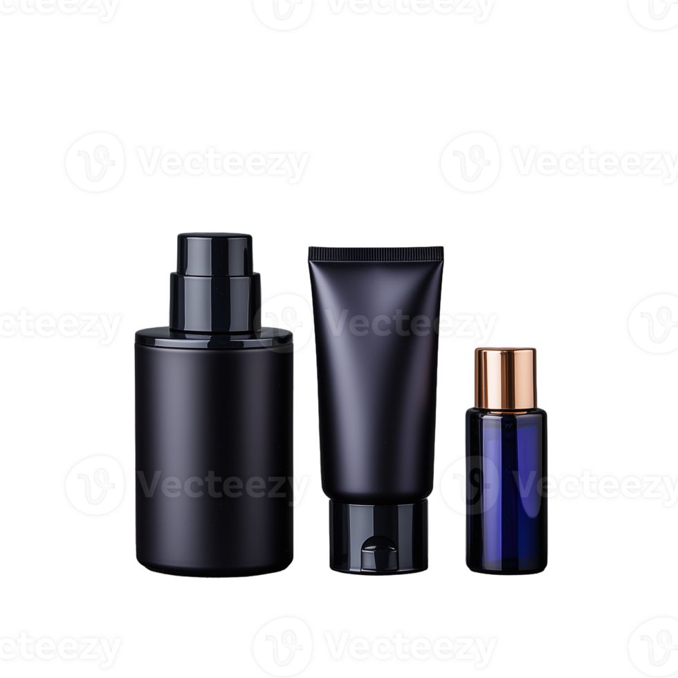 Set of three black cosmetic containers in various sizes with sleek design on a transparent background png