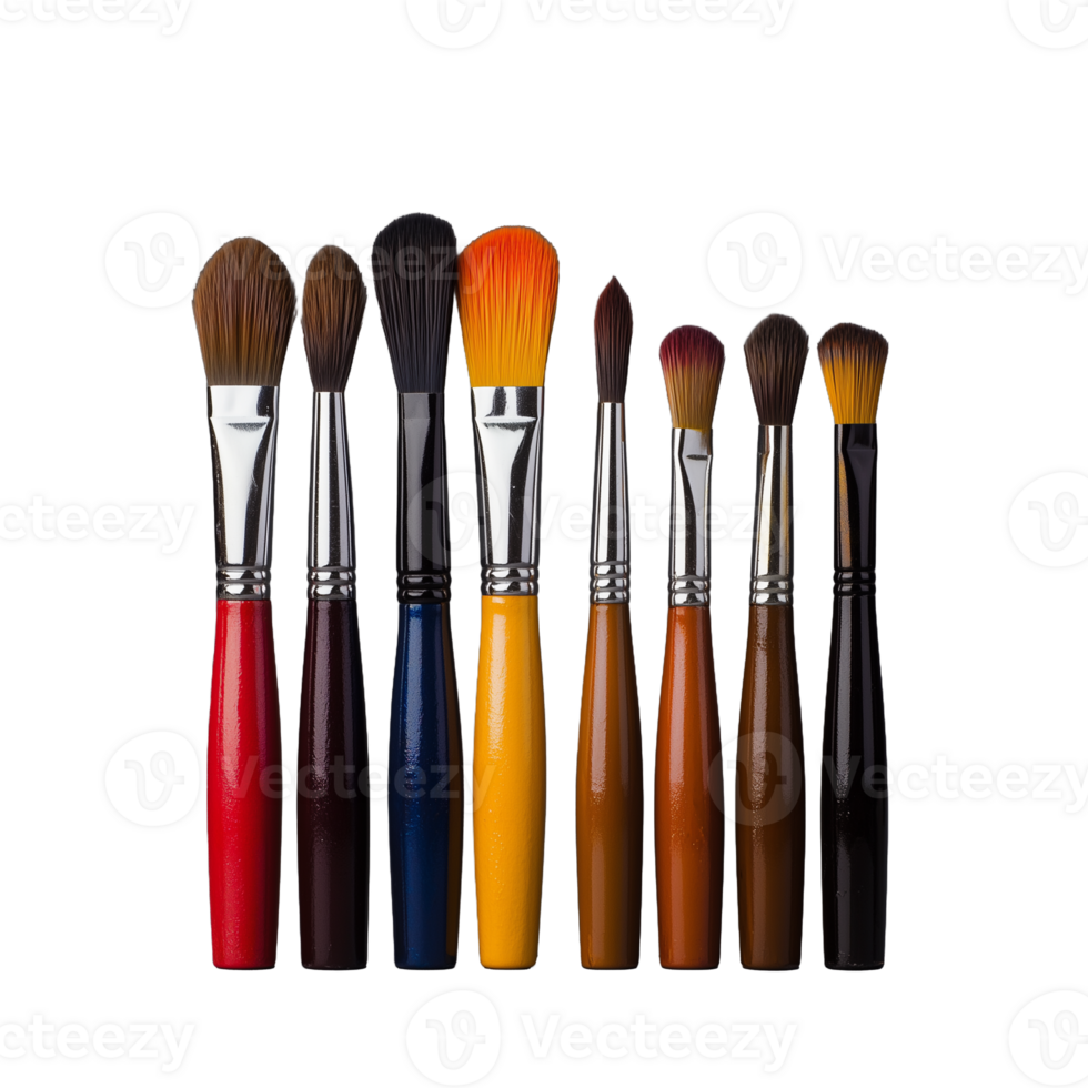 Set of seven makeup brushes with wooden handles in various colors on a transparent background png