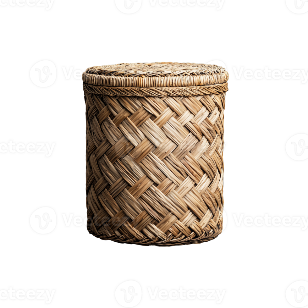 Round woven basket with natural fibers, showcasing intricate pattern on transparent background png