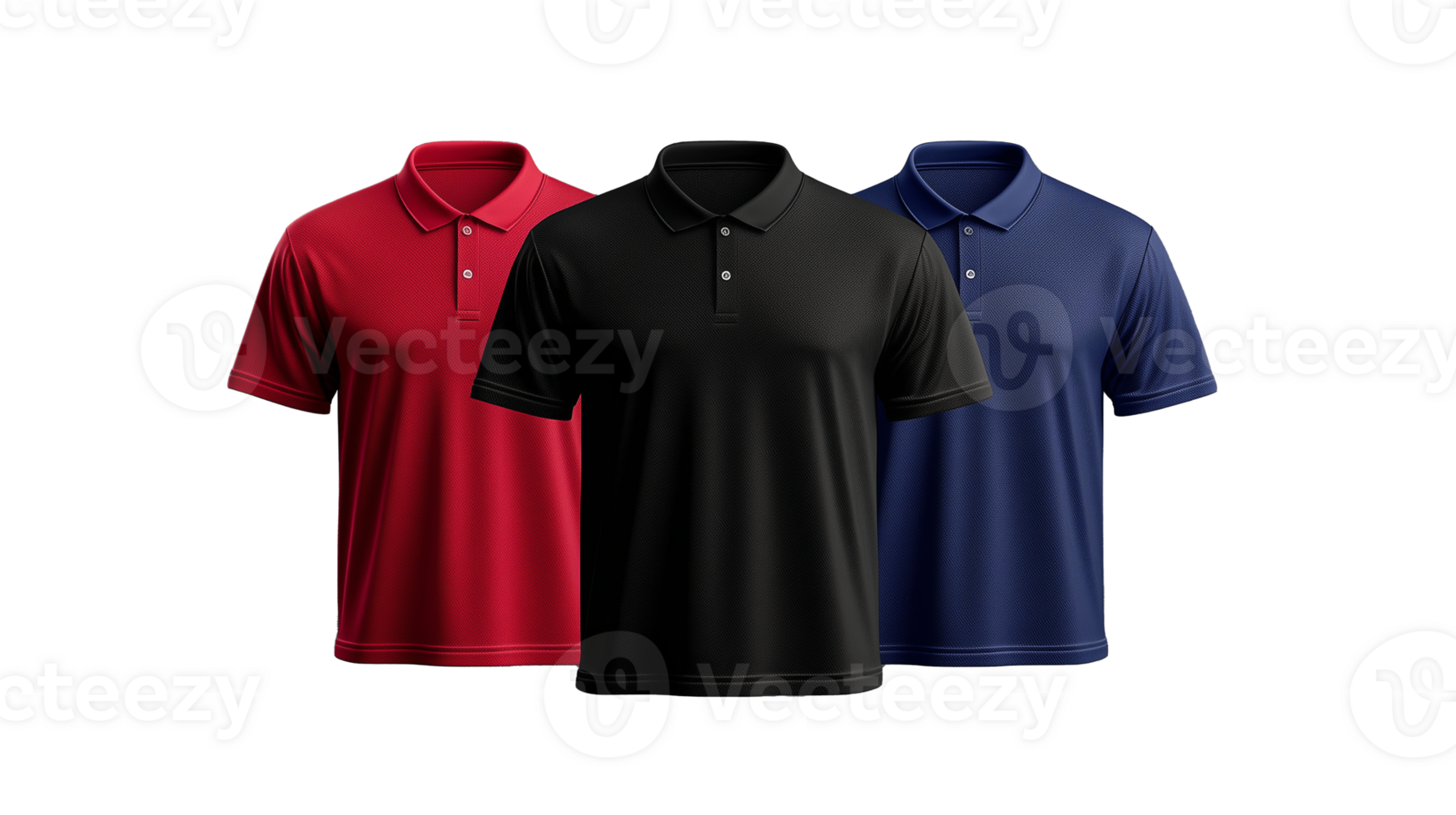 Set of three polo shirts in red, black, and navy blue on a transparent background png