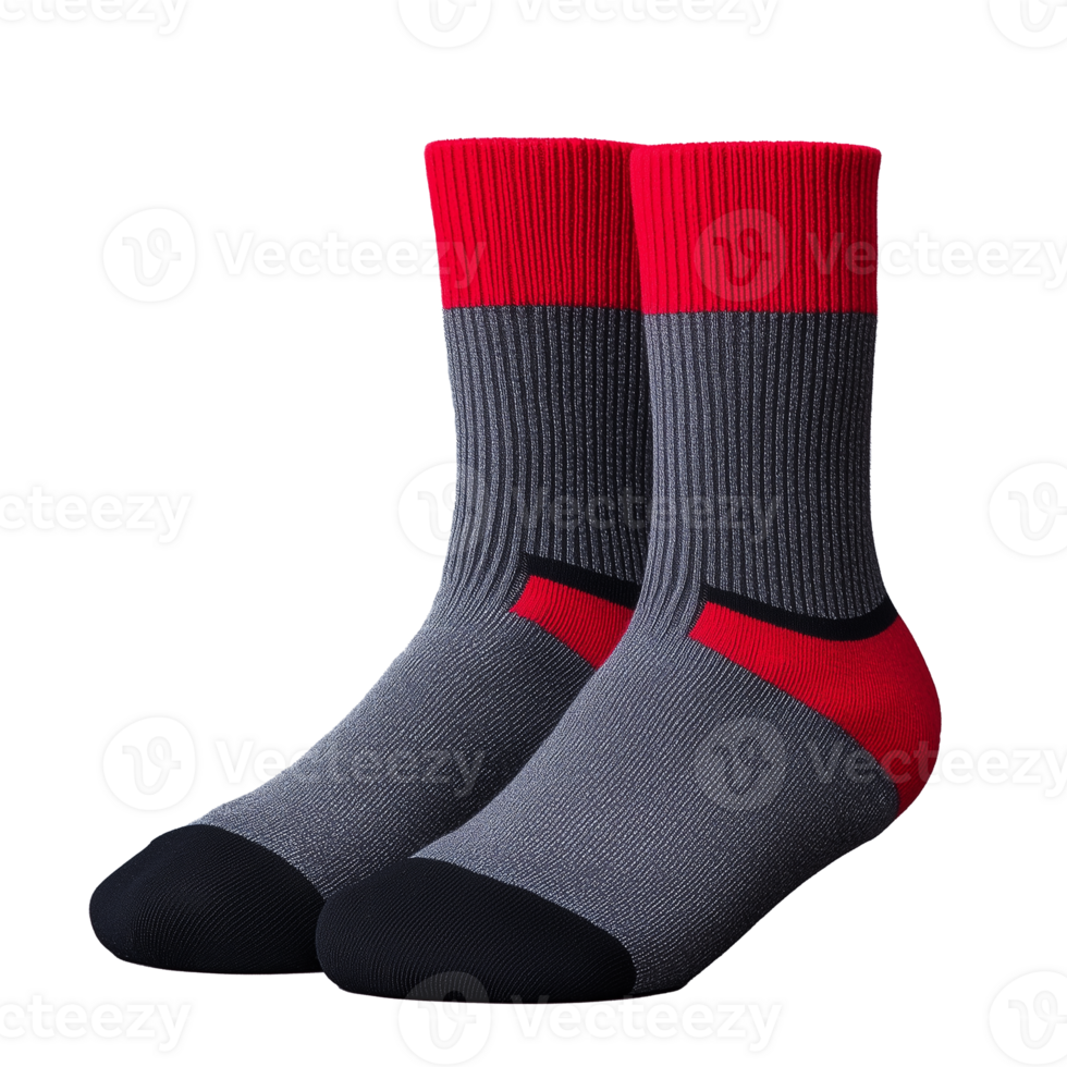 Pair of gray and red athletic socks with thick bands on a transparent background png