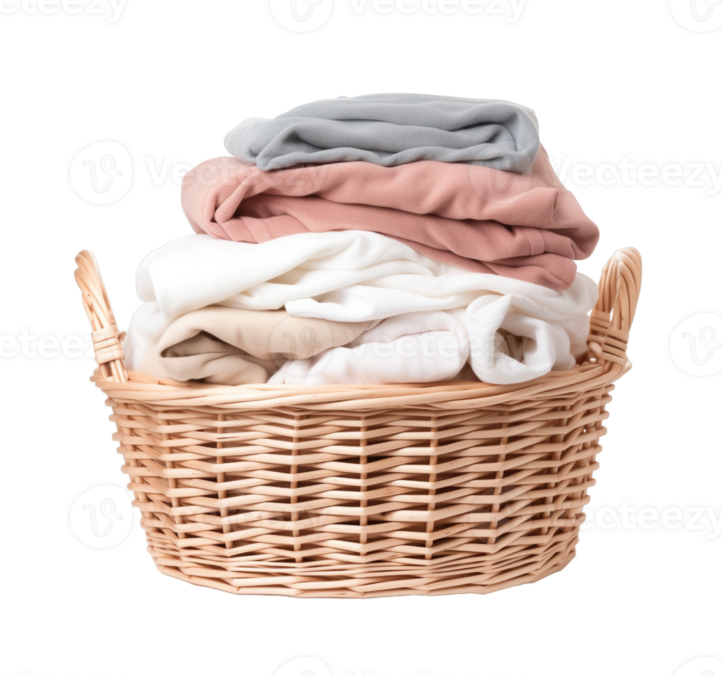Clean laundry stored in a wicker basket isolated on transparent background png