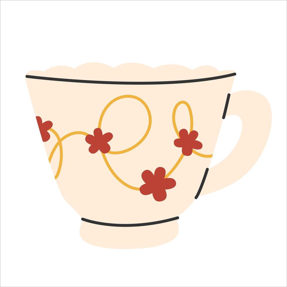 Modern ceramic tea mug in doodle style with flowers. Jewelry design element . Cute fashionable tableware mug symbol isolated on white background.llustration EPS10 vector