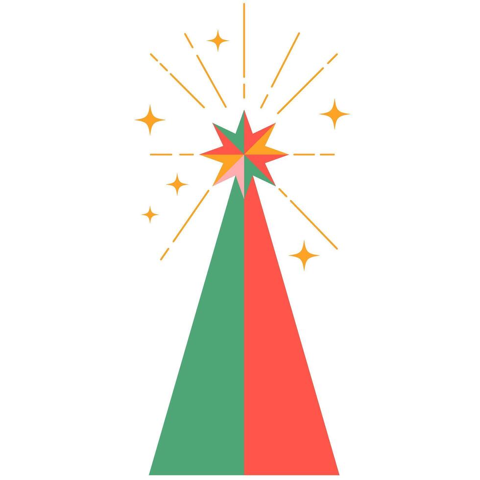 Christmas tree with shining star on transparent background.Symbol of New Year,Merry Christmas holiday celebration.Xmas tree modern trendy design.Colorful illustration flat geometric style.EPS10 vector
