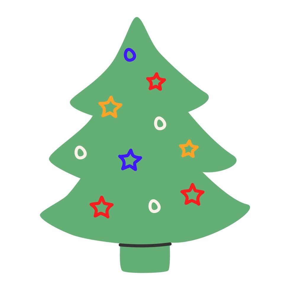 Christmas tree with shining stars on transparent background.Symbol of Happy New Year,Merry Christmas holiday celebration.Xmas tree modern trendy design.Colorful illustration flat hand drawn.EPS10. vector