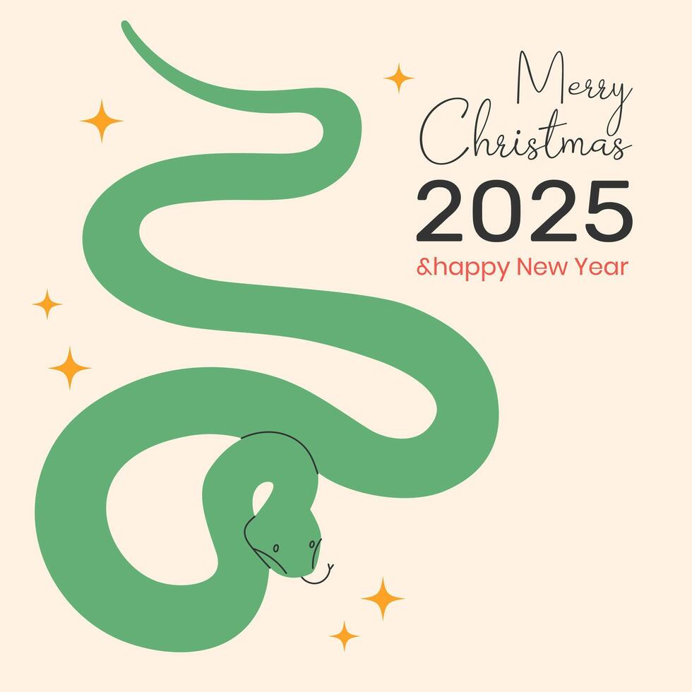 Merry Christmas and 2025 Happy new year card with green snake. Greeting card, icon.Template for poster, banner, holiday cover. illustration EPS10 vector