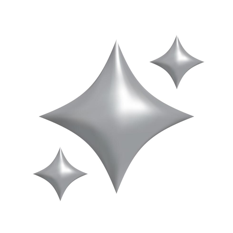 Three Shining silver stars emoji.3d style gray metallic star icon,twinkle social media platform symbol on transparent background. illustration EPS 10 vector