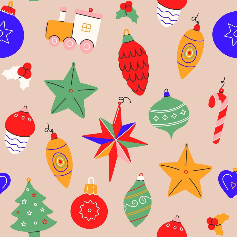 Christmas backgrounds, seamless pattern.Modern Christmas and New Year pattern with colorful varios hand draw christmas balls.Texture for textile,wrapping paper,packaging etc. illustration EPS 10 vector