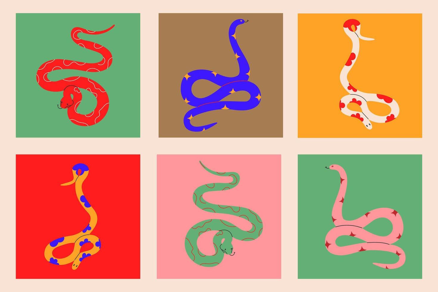 Various Snake set.Hand drawn colored snakes collection.Chinese new year symbol.Year of the snake illustration for greeting card, sticker, background. Hand drawn trendy illustration EPS10 vector