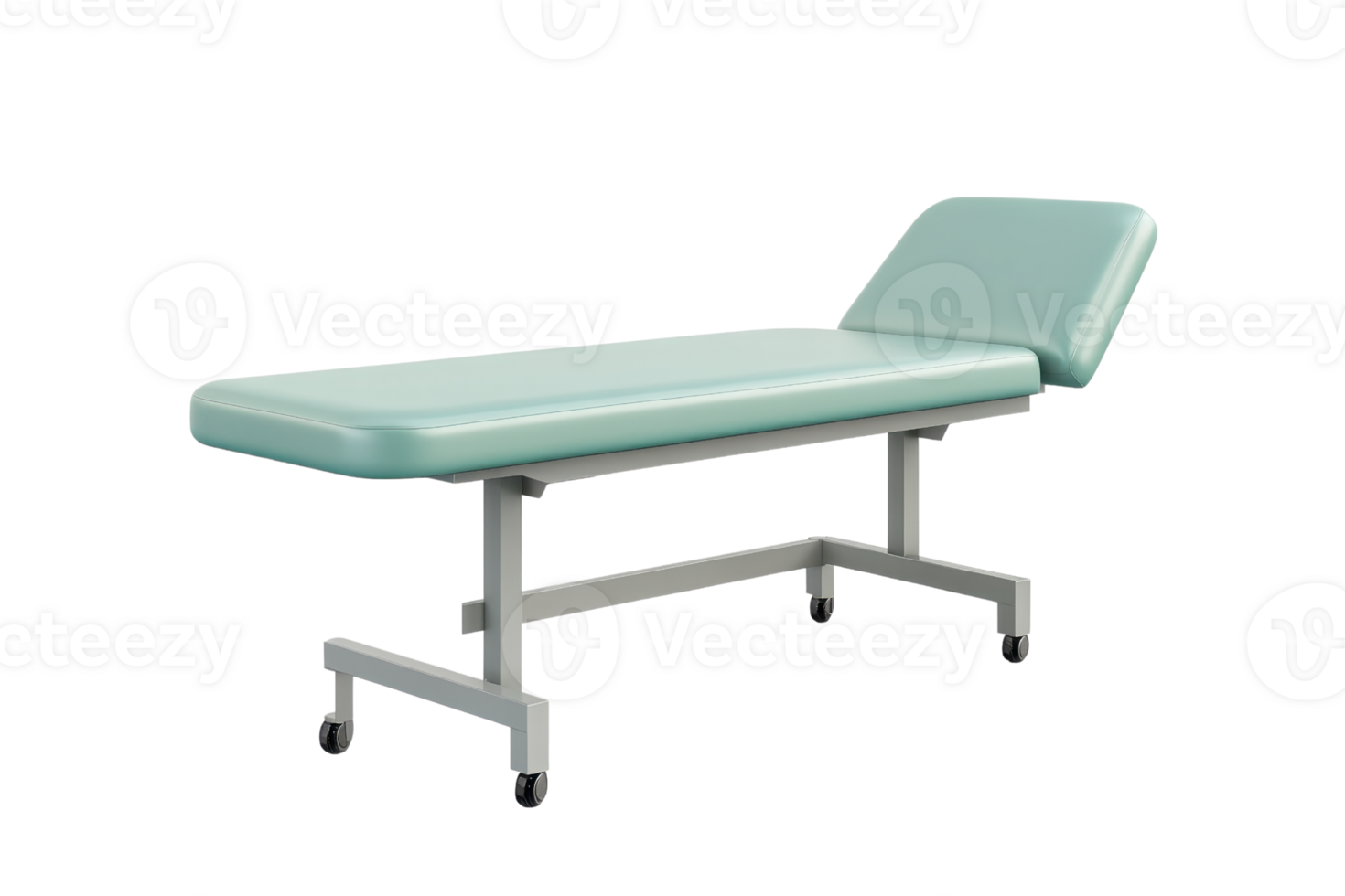 Medical examination table isolated on a transparent background. Adjustable hospital bed with a green mattress and metal legs for patient care. png