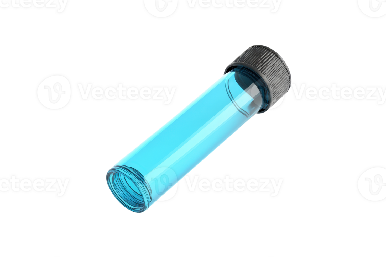 Close-up image of a blue plastic test tube with a black screw cap, isolated on transparent background. ideal for scientific or medical use. png