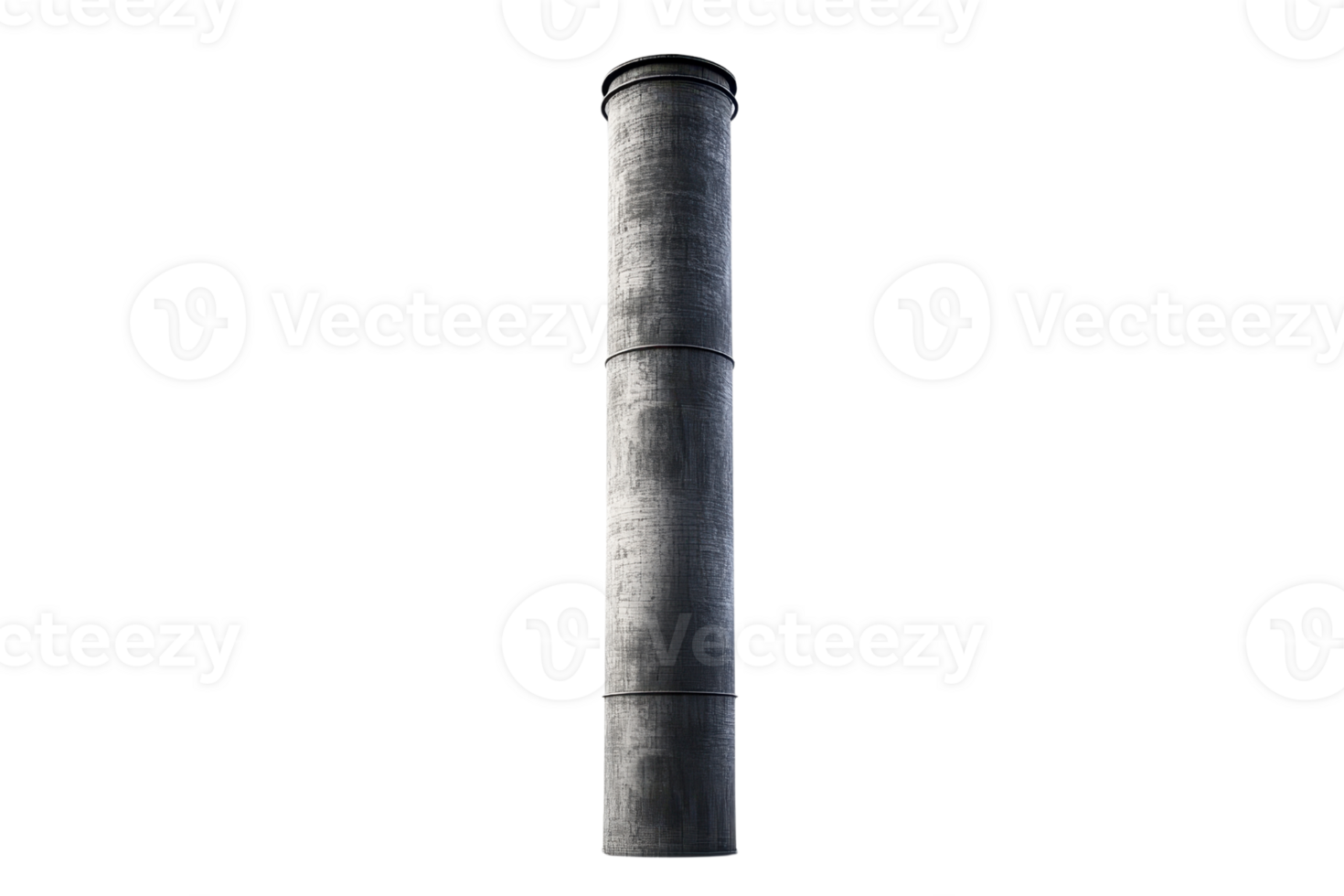 Vertical metal chimney isolated on transparent background. Tall industrial smoke stack with a weathered surface for factory emissions. png