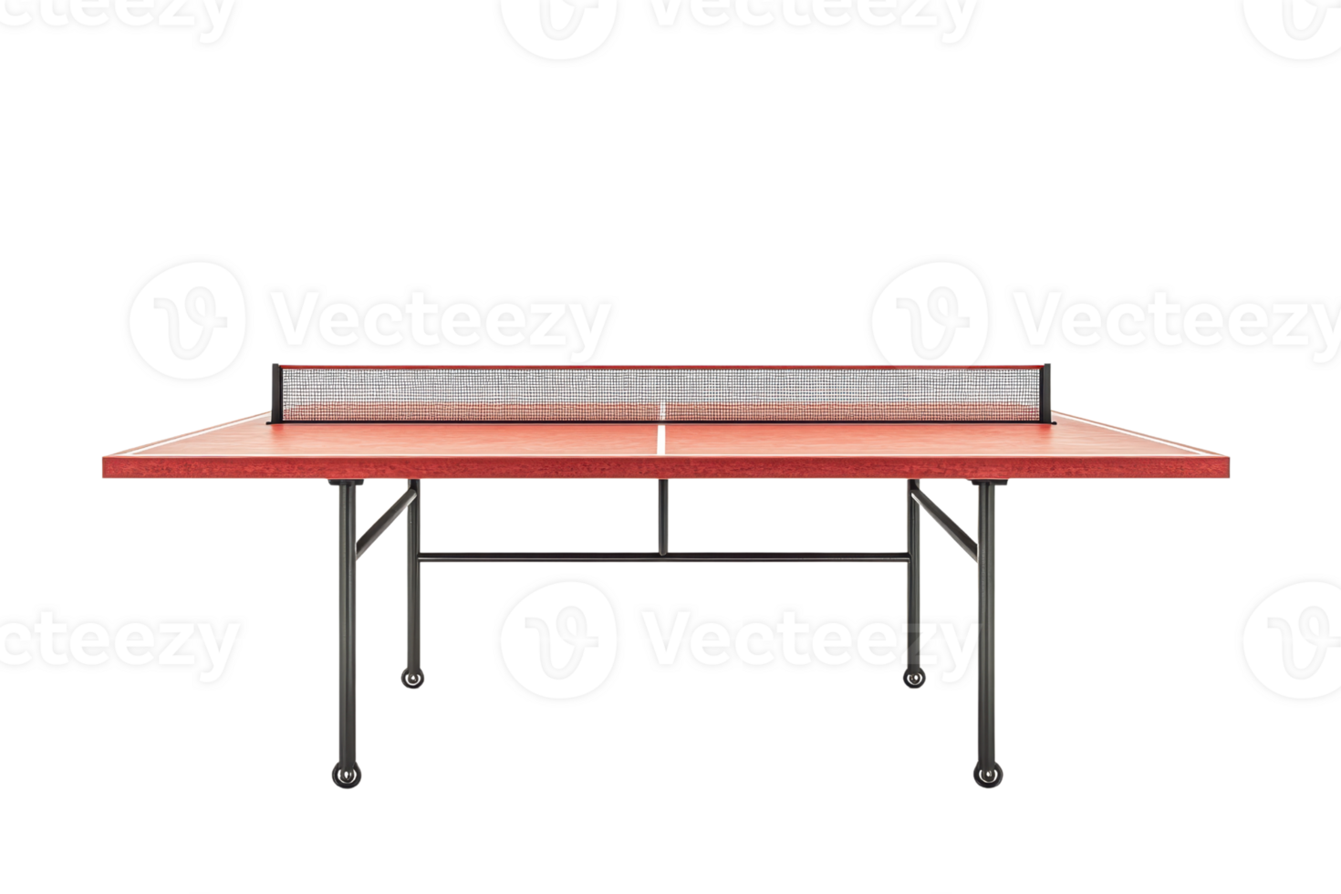Red table tennis table with net and metal legs isolated on transparent background. Ideal for sports equipment catalogs and promotional materials. png