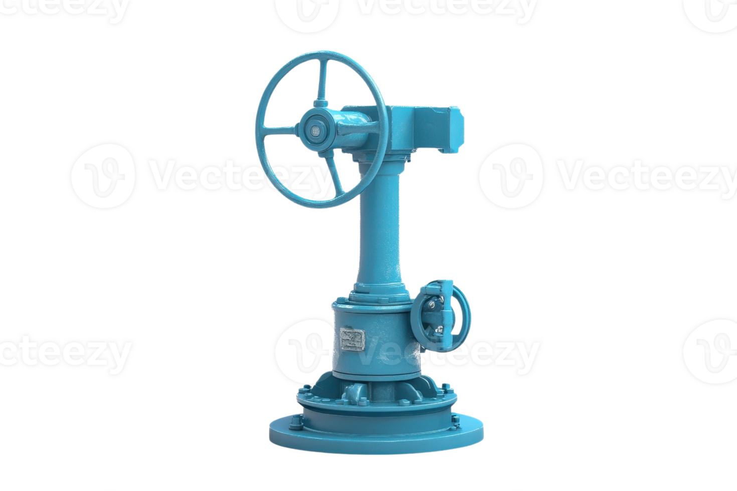 Blue industrial valve with a large wheel handle on a transparent background. isolated mechanical equipment for pipeline control and regulation. png