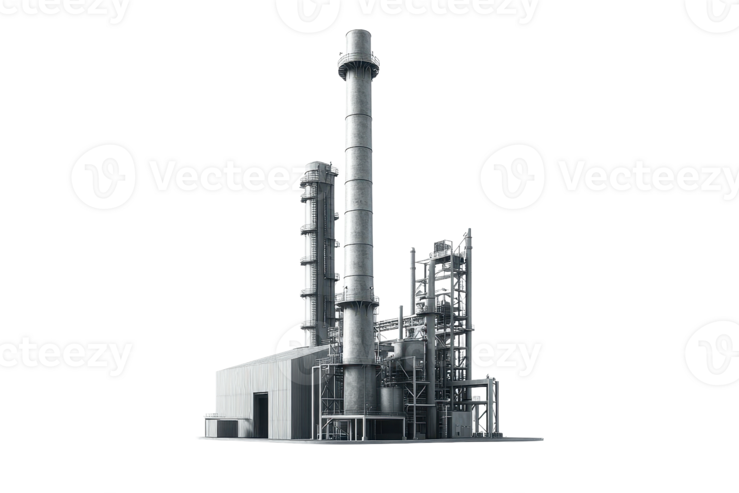 Industrial plant with large smokestack and machinery, isolated on transparent background. representing manufacturing and engineering. png