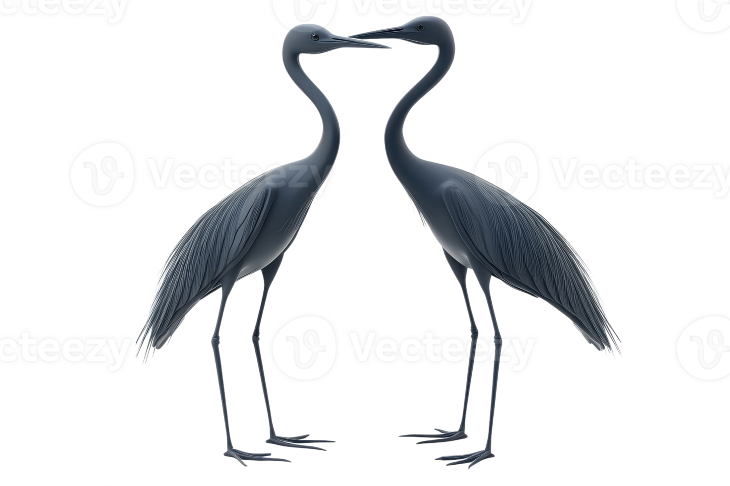 Silhouette of two cranes facing each other with beaks touching, creating a symmetrical and elegant shape against a transparent background. png