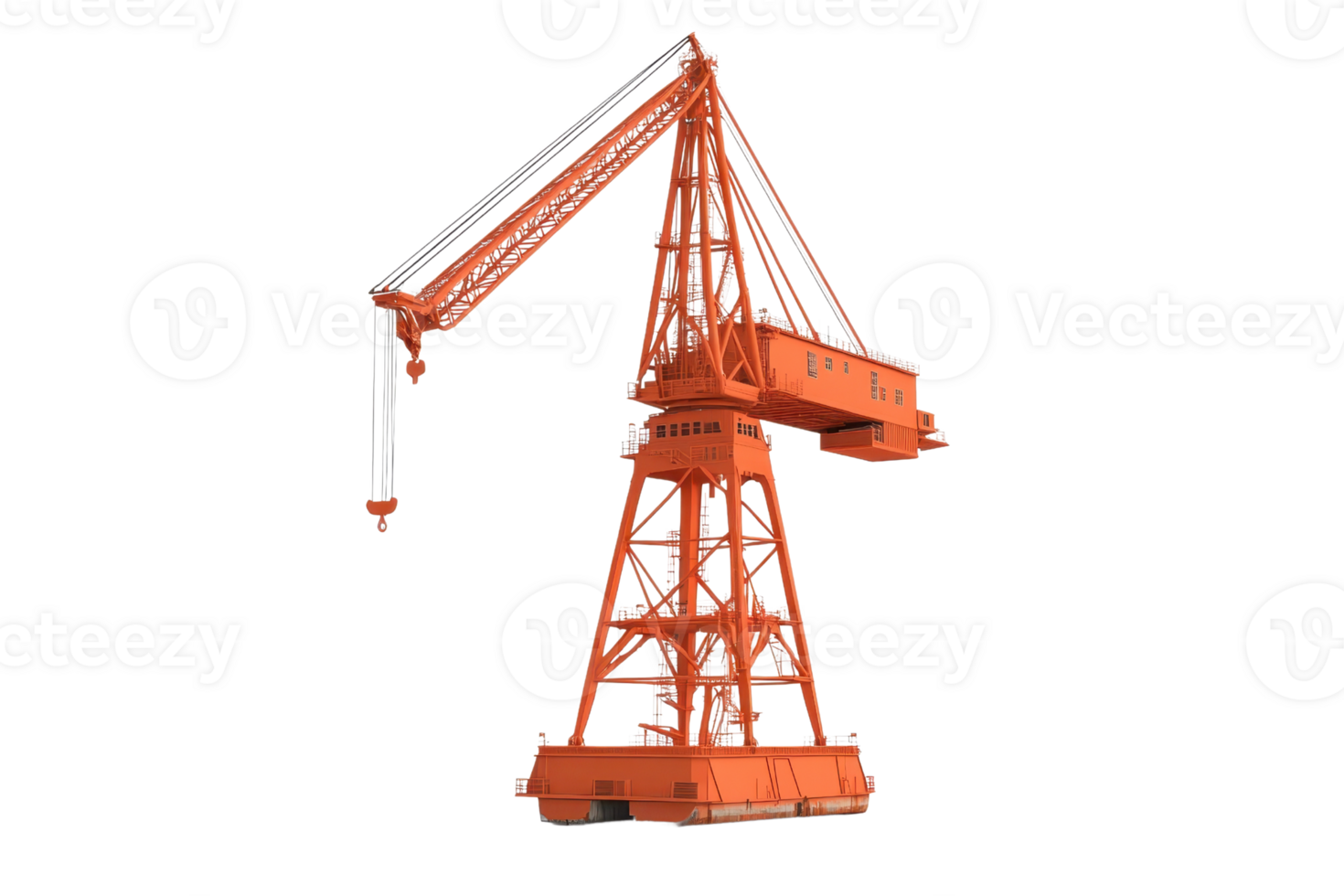 Large orange industrial crane used for heavy lifting and construction, isolated on a transparent background. png