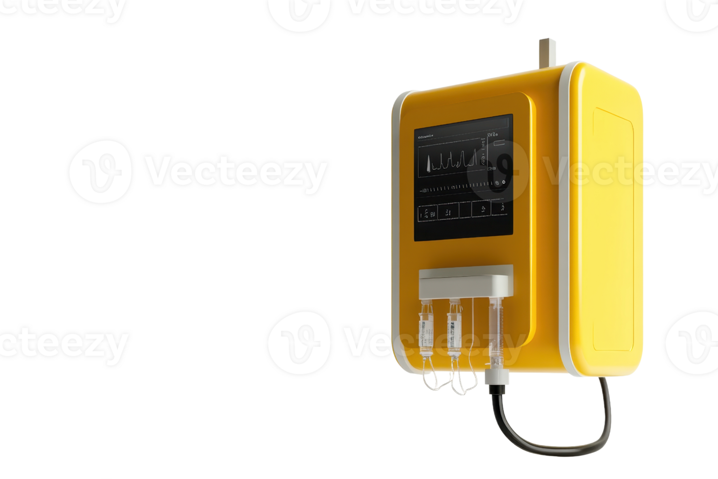 Close-up of a modern yellow electronic device with multiple ports and digital display against a transparent background. png