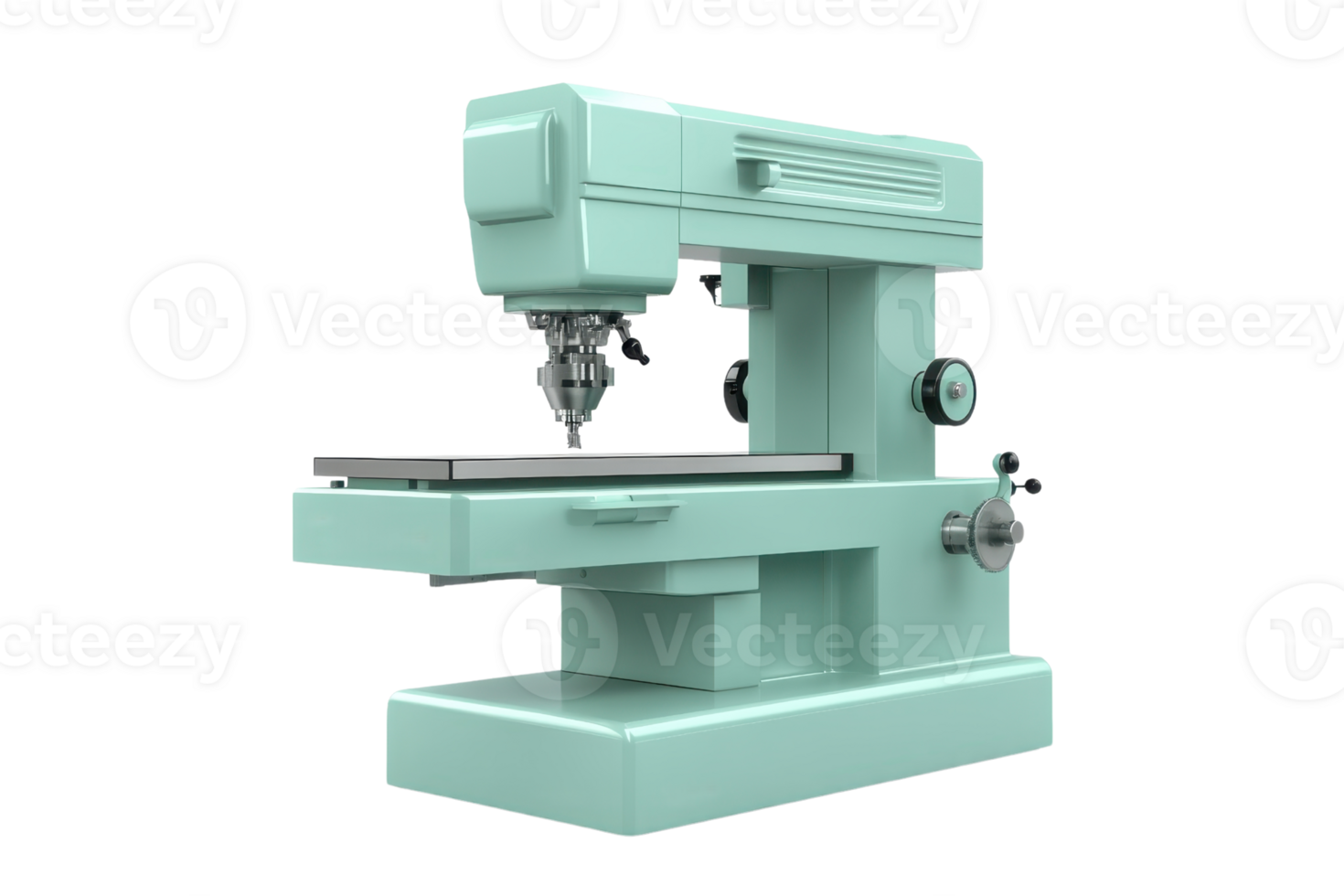 Vintage industrial milling machine with retro design. Mint green color and metal components. Isolated on transparent background. png