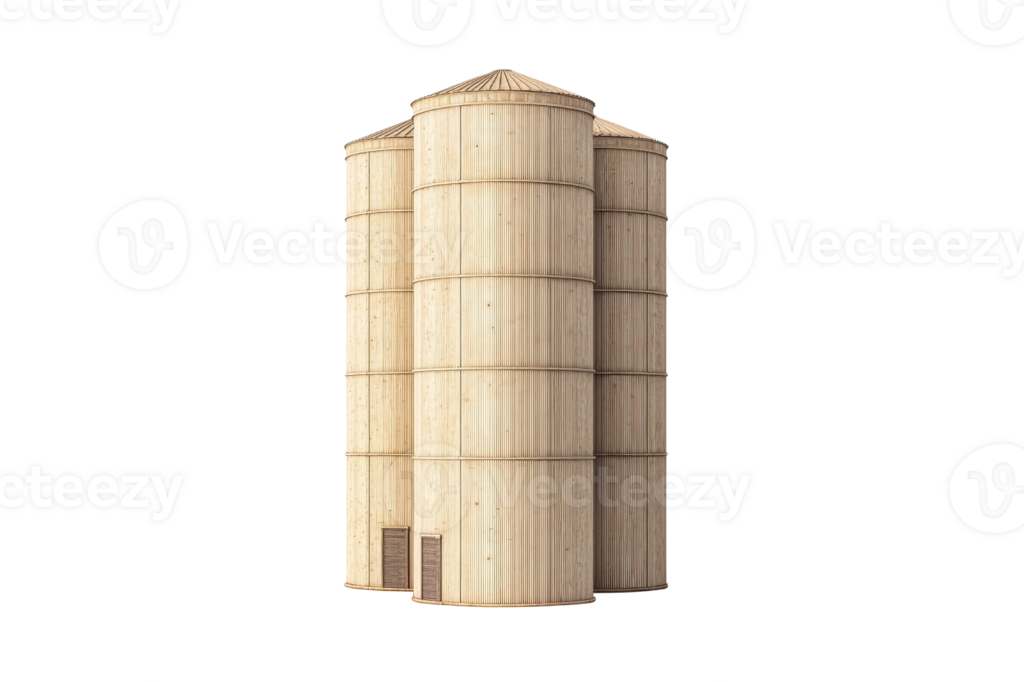 Wooden grain silos stand tall against a transparent background. showcasing their rustic design and sturdy construction for agricultural storage. png