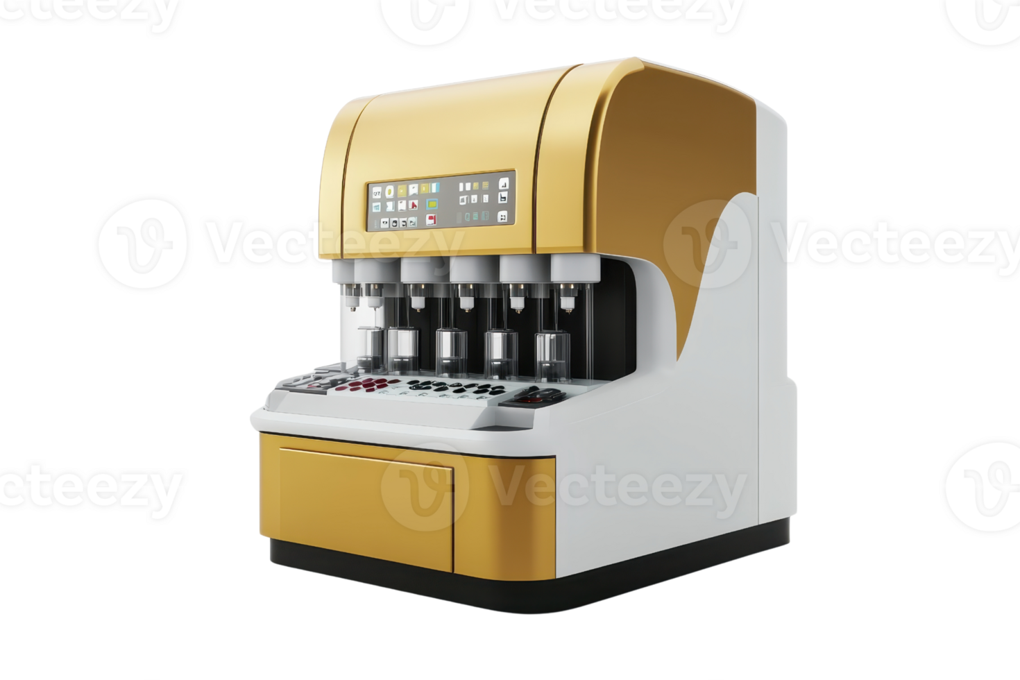 Modern automatic soda dispenser machine with gold and white design, isolated on transparent background. perfect for catering and restaurant business. png