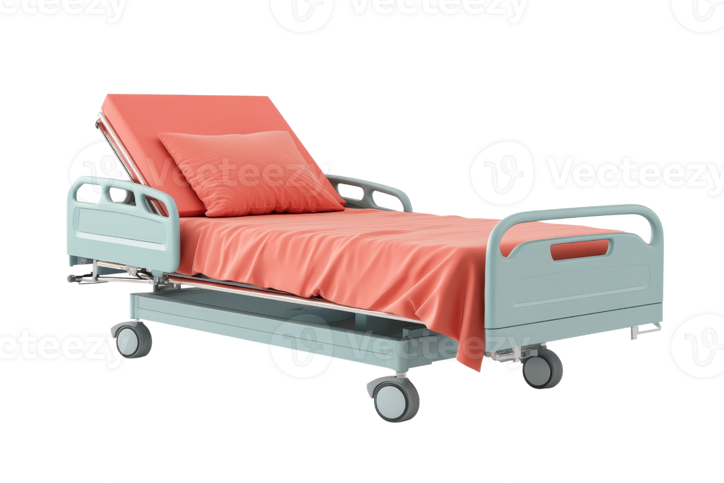 Modern hospital bed with red bedding and adjustable rails on wheels, isolated on transparent background. perfect for healthcare and medical use. png