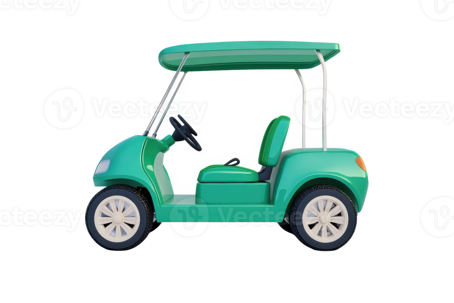 Side view of a green golf cart with a white roof. Ideal for transportation and leisure activities. Isolated on a transparent background. png