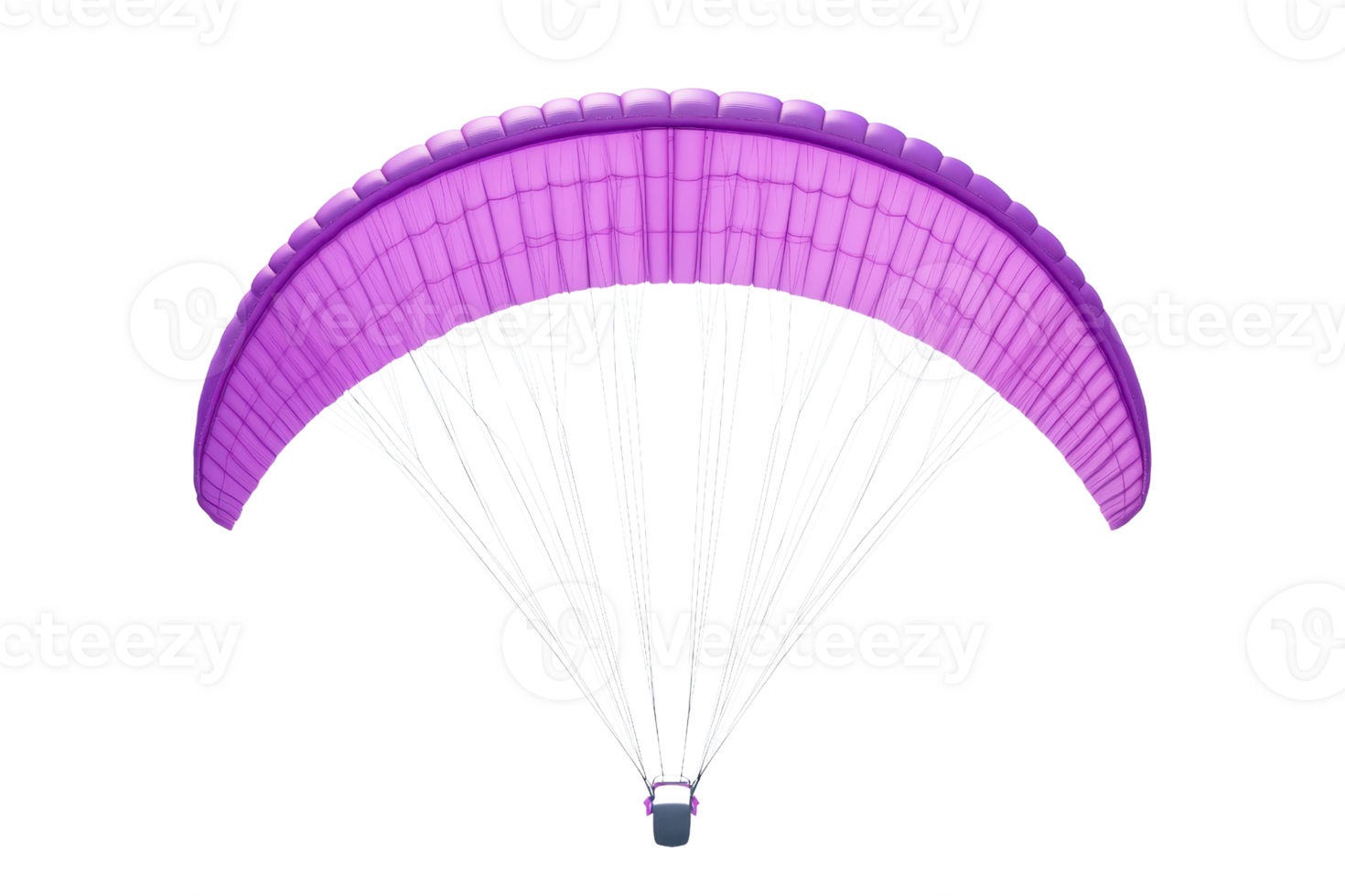 A vibrant purple paraglider isolated on a transparent background. showcasing the intricate design and structure of the canopy and lines. png