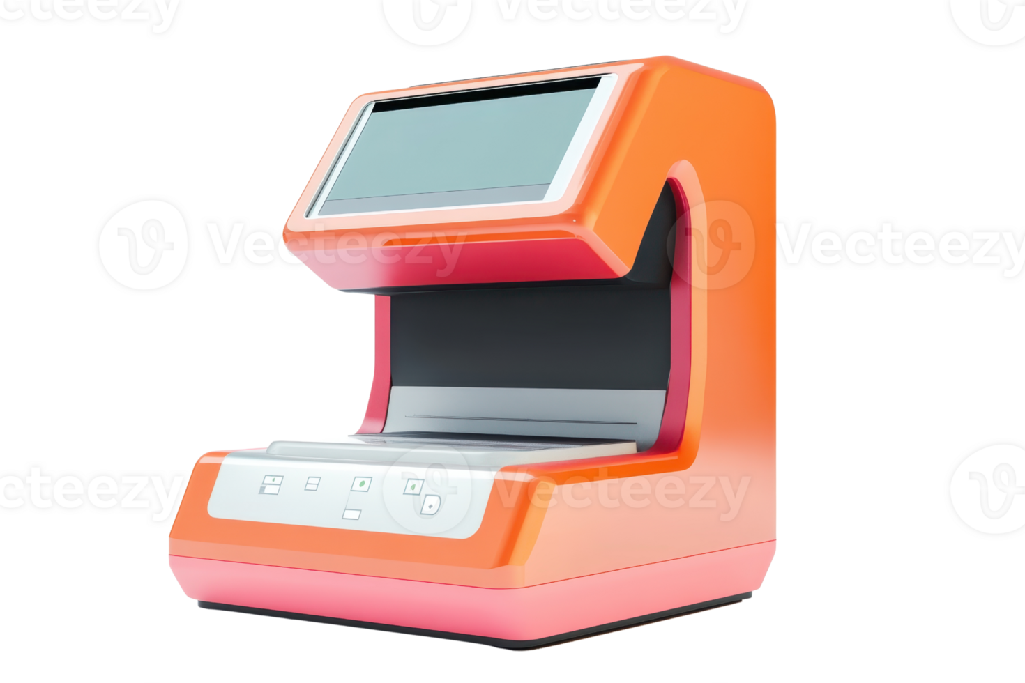 Modern 3D printer in orange with digital touchscreen interface for rapid prototyping and manufacturing, isolated on transparent background. png
