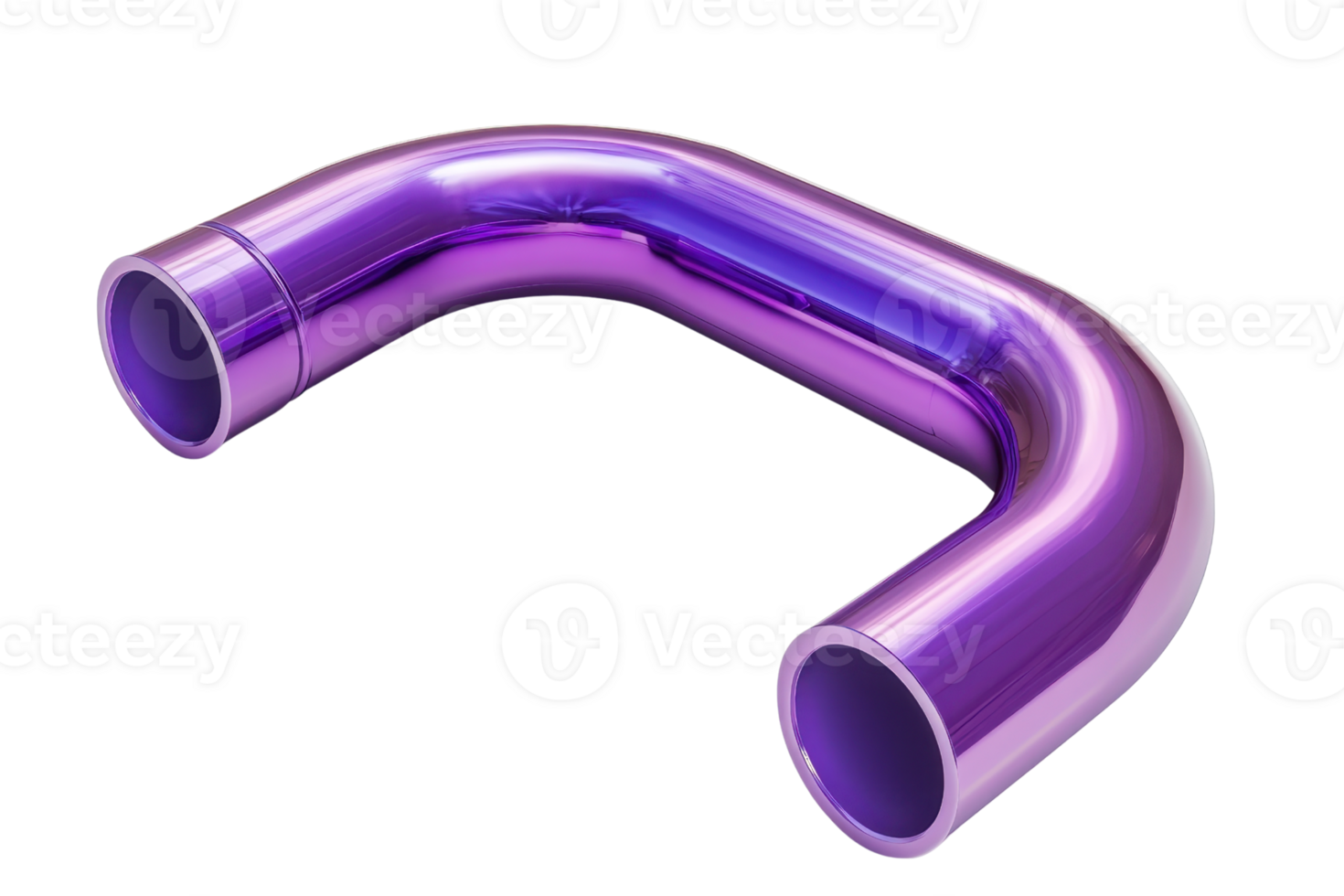 Shiny purple metallic curved pipe isolated on transparent background. 3D rendering, industrial part, futuristic style. png