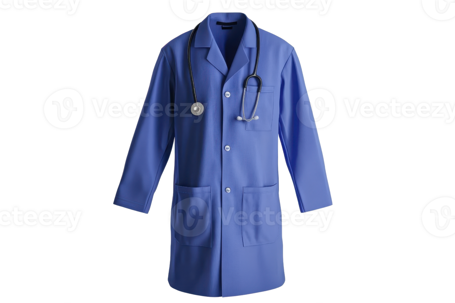 Blue medical coat with stethoscope, representing healthcare professional attire, isolated on transparent background. png