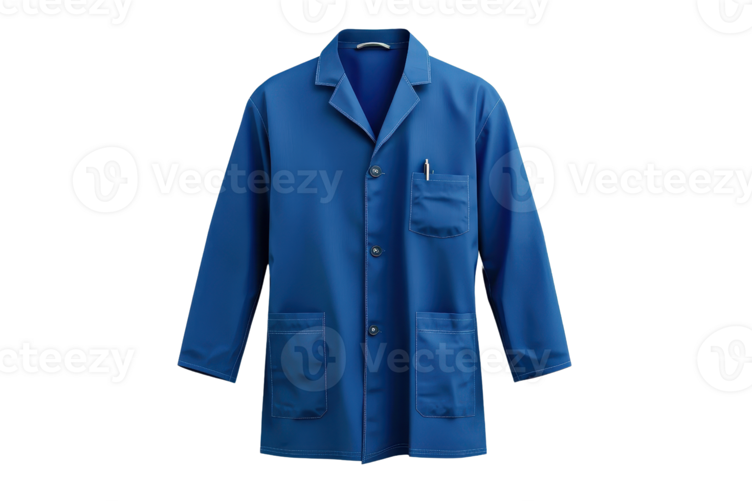 A blue lab coat with long sleeves and front pockets, ideal for science laboratories and medical professionals, isolated on a transparent background. png
