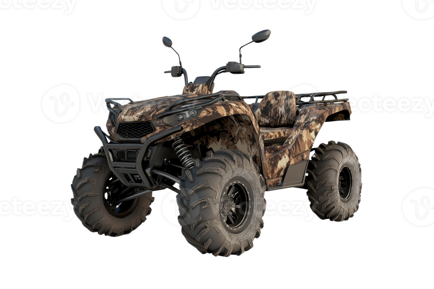 Camouflage ATV showcasing rugged design, perfect for off-road adventures and outdoor exploration against a transparent background. png