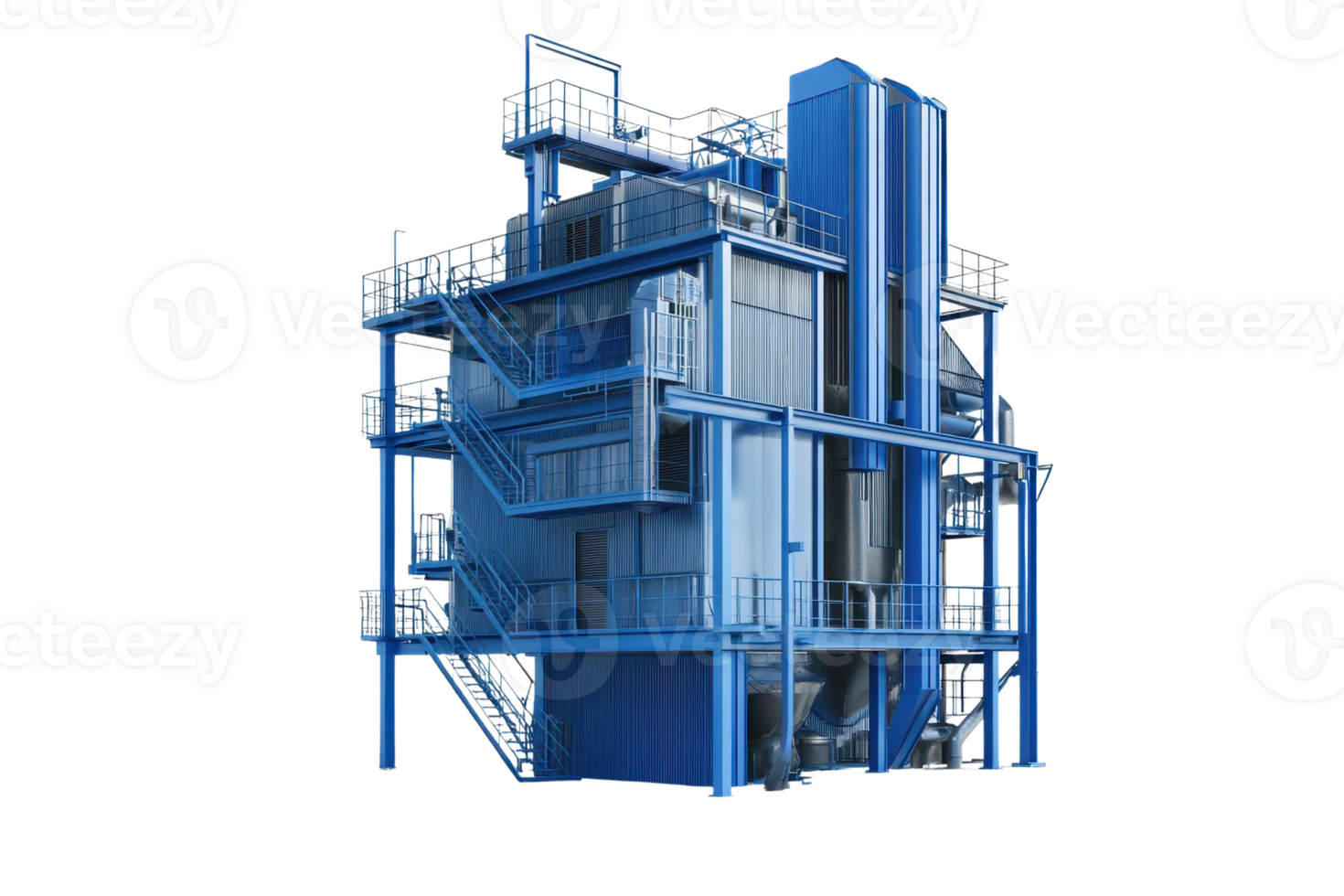 Modern blue industrial facility with complex metallic structures and platorms, isolated on a transparent background. png