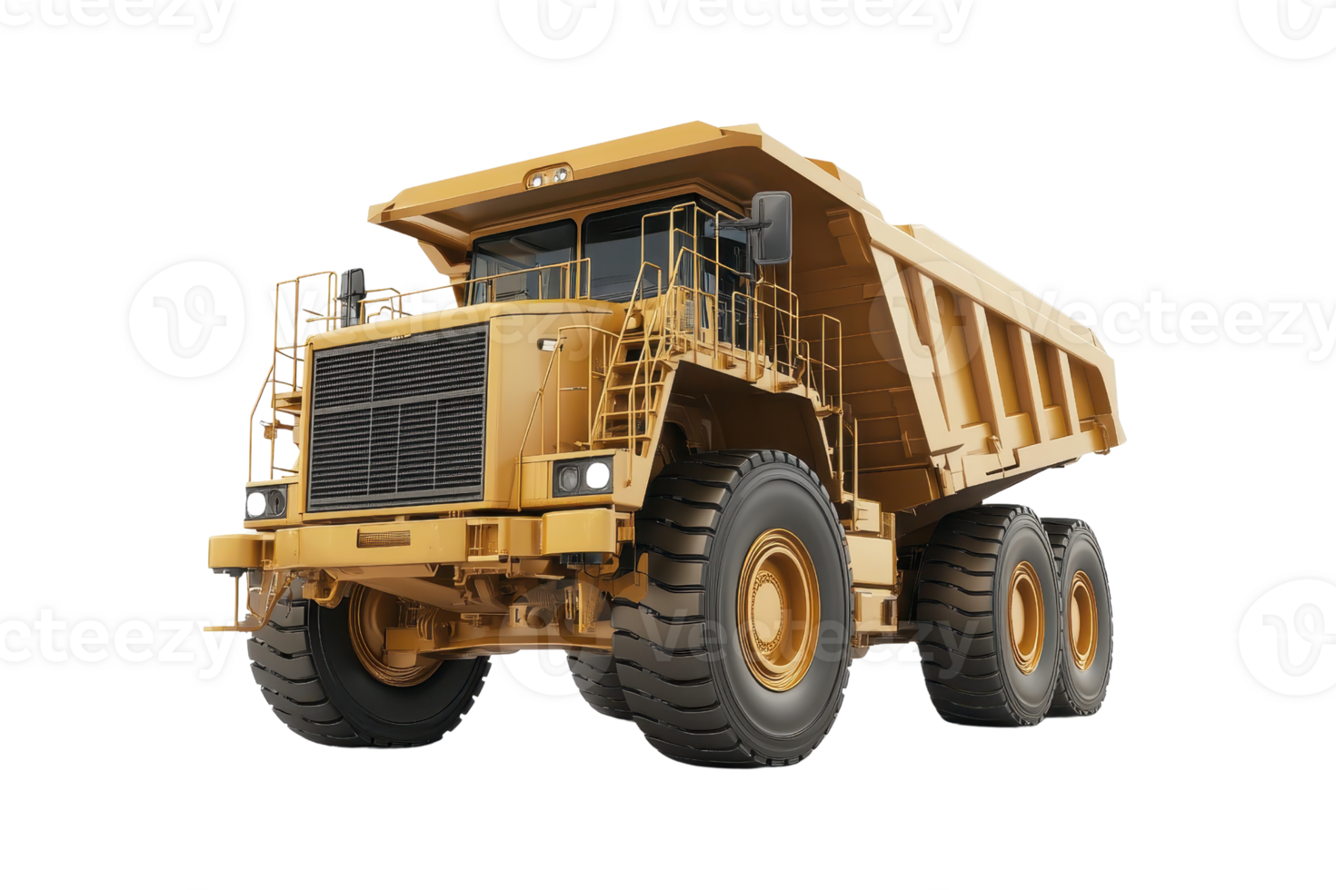 High-resolution image of a large yellow dump truck used for construction and mining purposes, isolated on a transparent background. png