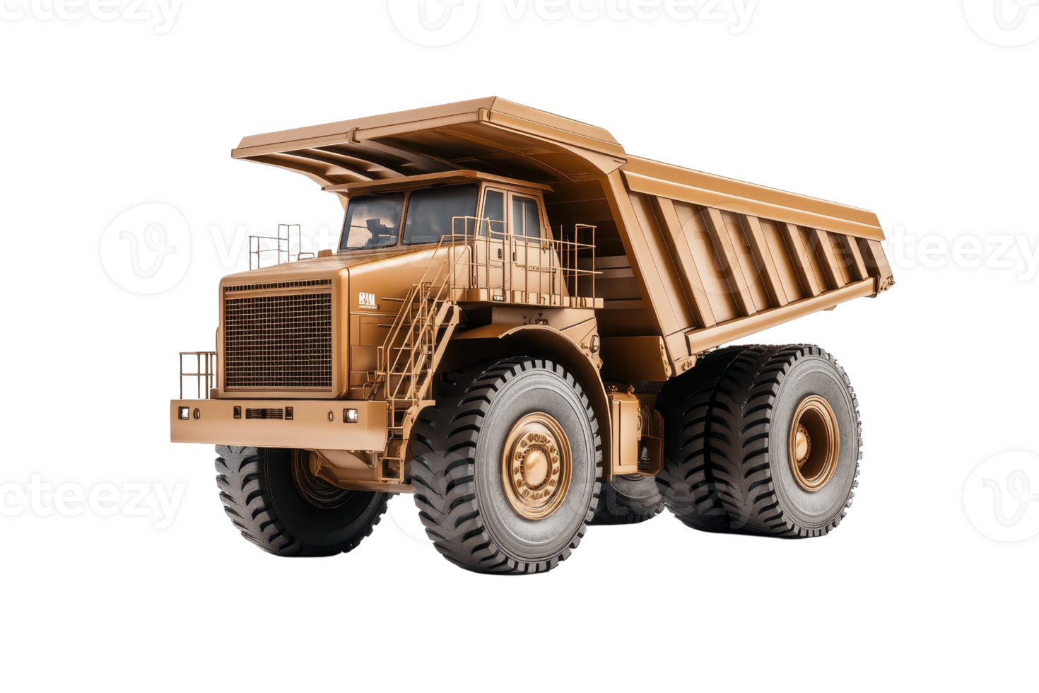 High-resolution image of a heavy-duty mining dump truck, showcasing its robust construction and large tires against a transparent background. png