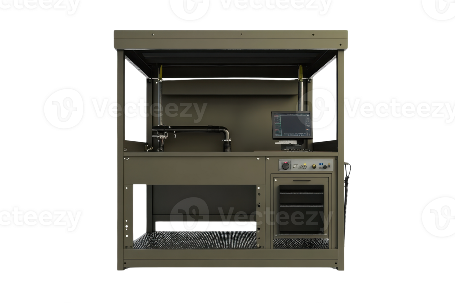 Industrial machine with a control panel and workspace, used for manufacturing or assembly processes. Isolated on transparent background. png