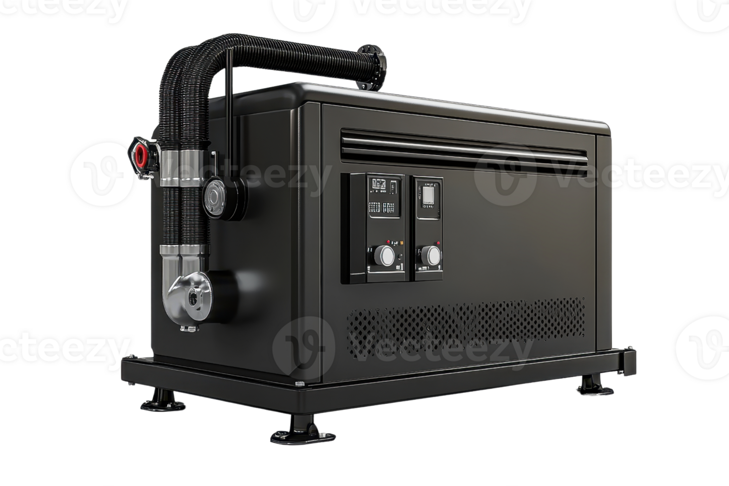 High-performance industrial black inverter generator with control panel and cooling mechanism on a transparent background. png