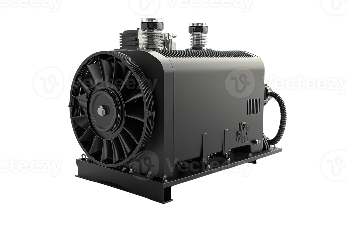 High-performance black industrial air compressor with metal housing and multiple connection points, isolated on a transparent background. png