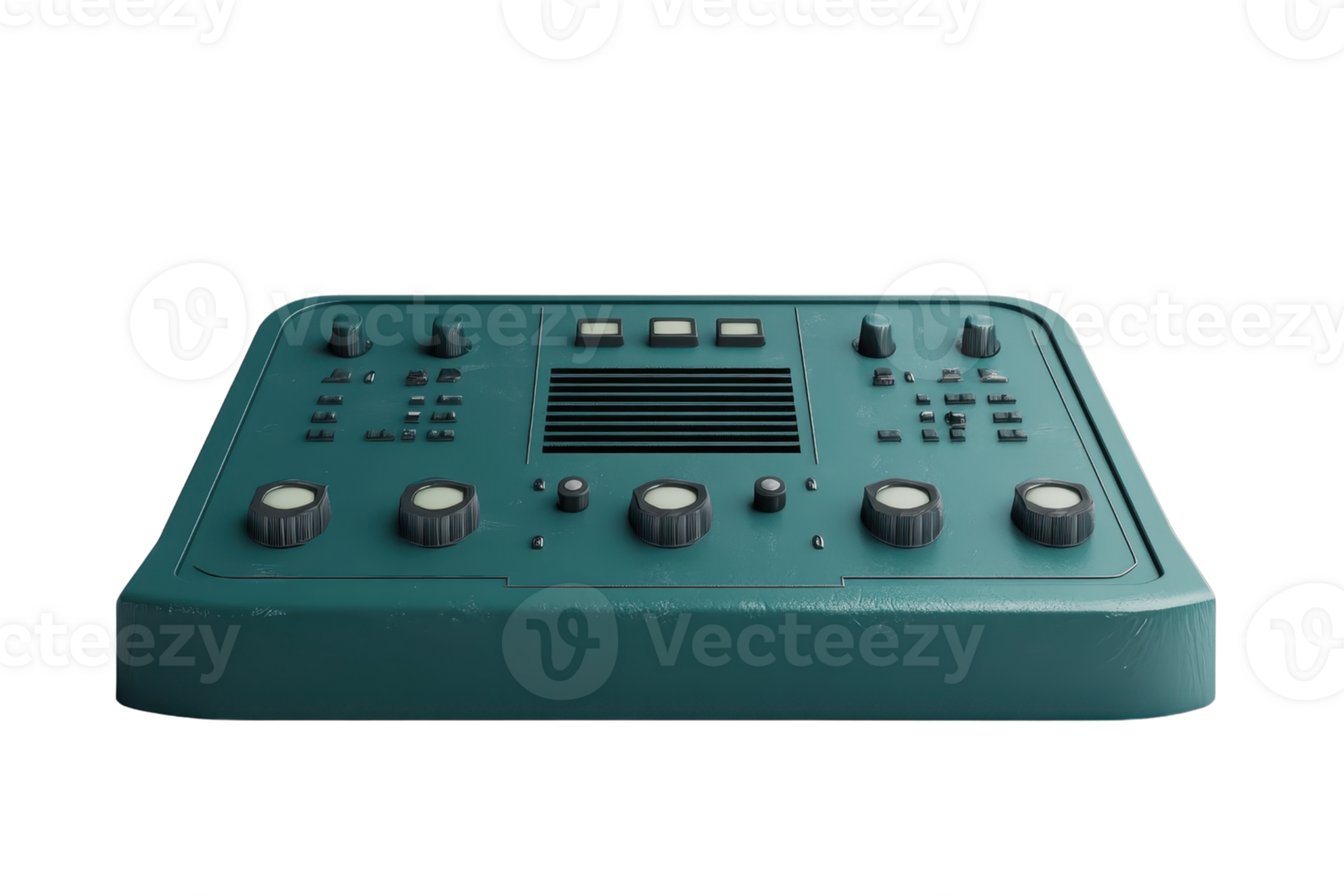 Vintage teal electronic control panel with buttons and knobs, isolated on transparent background. Ideal for retro technology and industrial design concepts. png