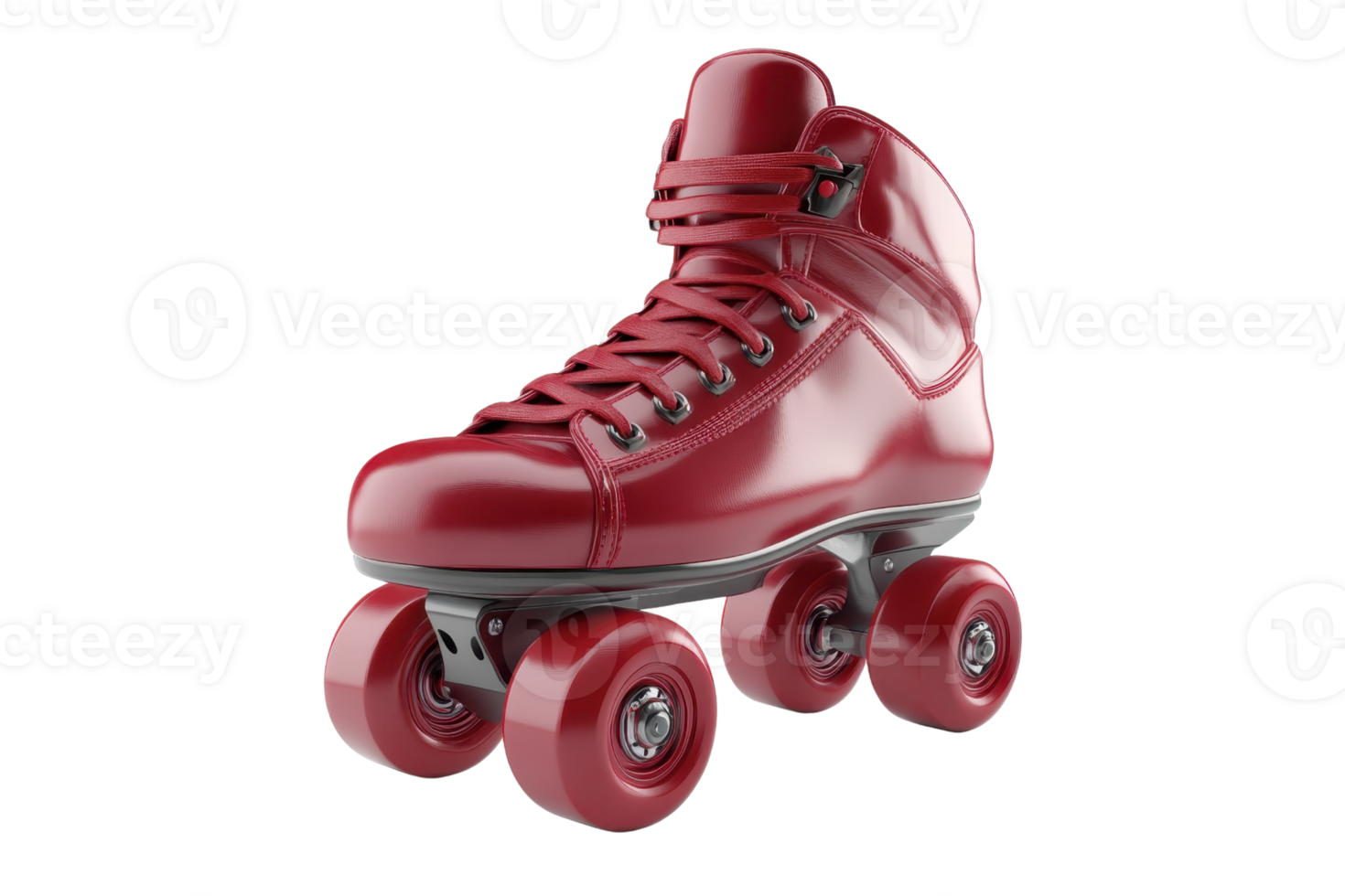 Red roller skate with four wheels, bright and shiny, isolated on a transparent background. Ideal for sports, leisure, and recreation images. png