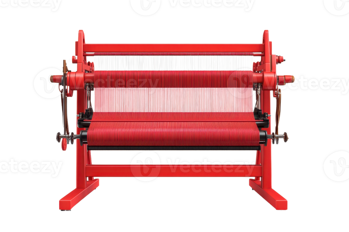 Red handloom weaving machine with threads. Traditional textile manufacturing equipment. Front view isolated on transparent background. png