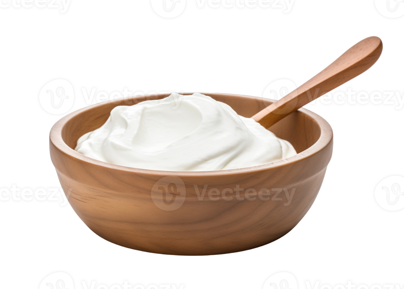 Wooden bowl and spoon filled with sour cream isolated on transparent background png